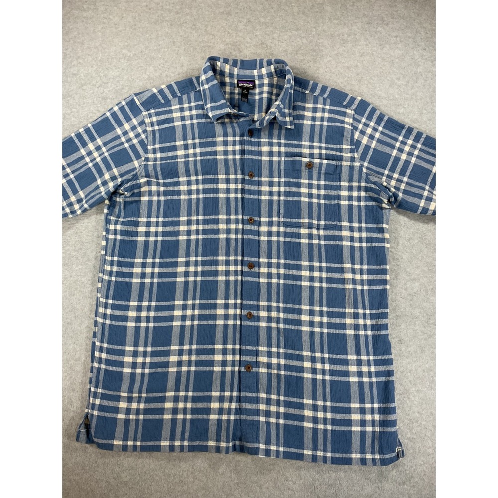 Patagonia Mens XL Blue White Plaid Organic Cotton Short Sleeve Shirt 2509